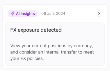 Nilus AI Insights card detecting FX exposure and suggesting an internal transfer to meet currency policies