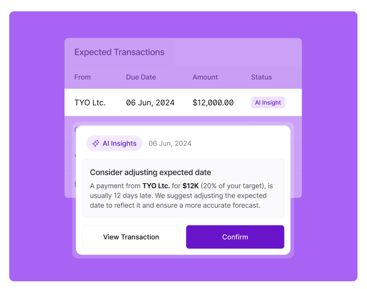 Nilus expected transactions list with an AI Insight suggesting a later expected date for a payment that is usually late