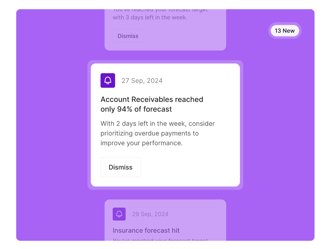 Nilus notification feed alerting that Account Receivables reached only 94% of forecast, advising overdue payment follow-up