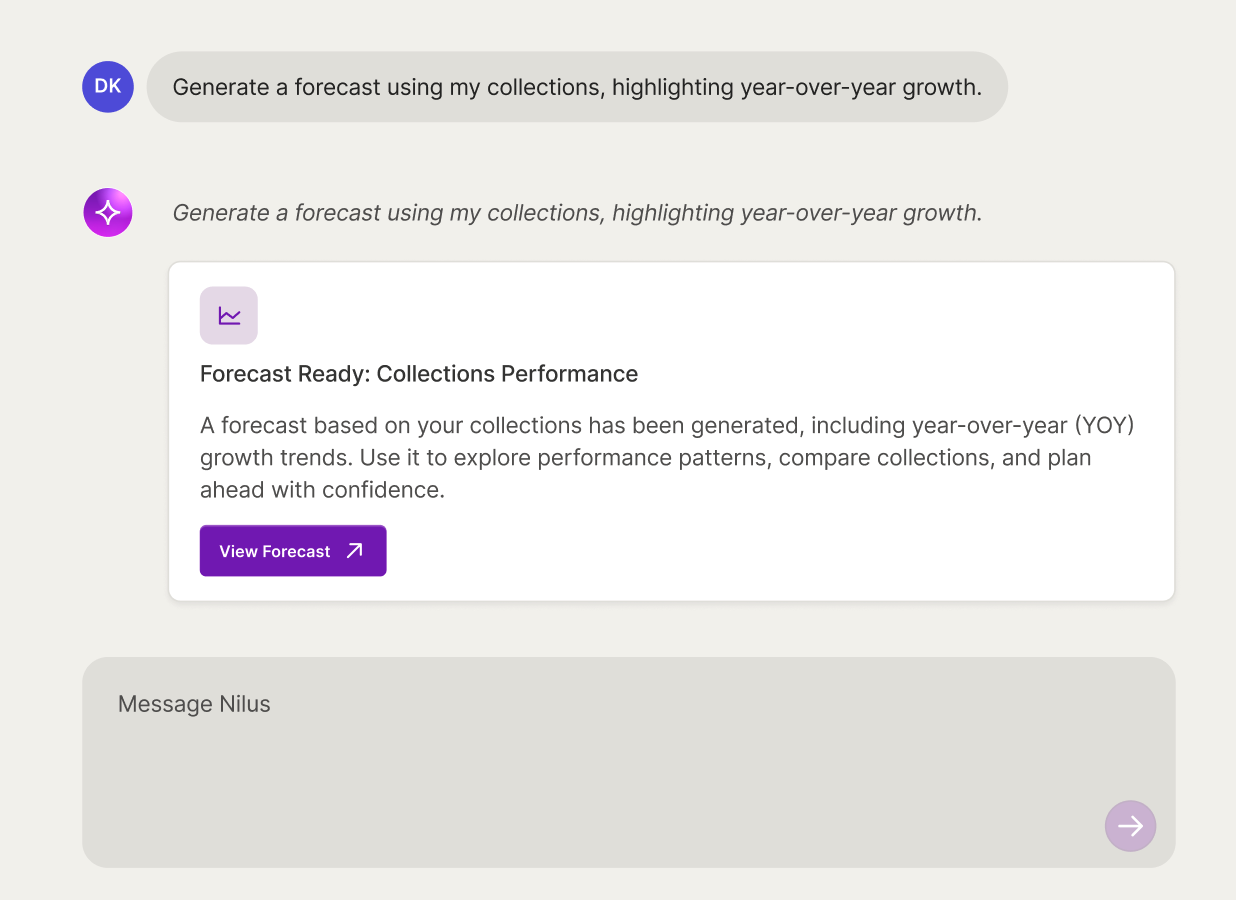 Nilus AI chat where a user asks to generate a collections forecast and the agent returns a ready year-over-year forecast