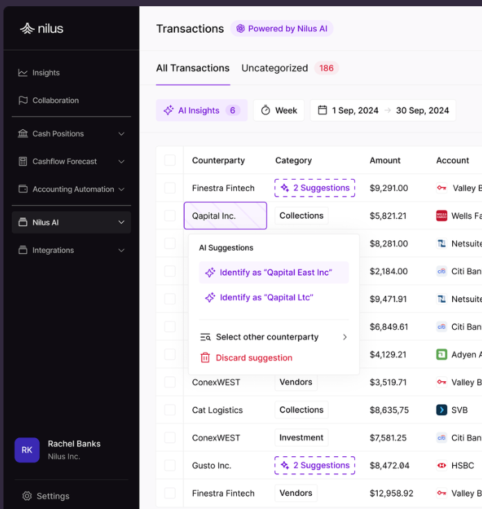 Nilus AI suggesting counterparty and category tags for uncategorized transactions in the transactions list