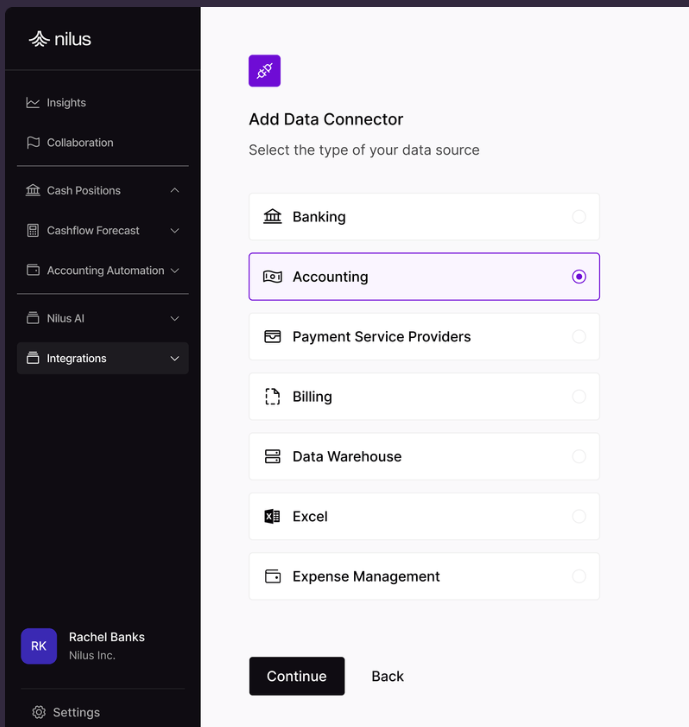 Nilus Add Data Connector screen offering banking, accounting, payment service provider and other integration types