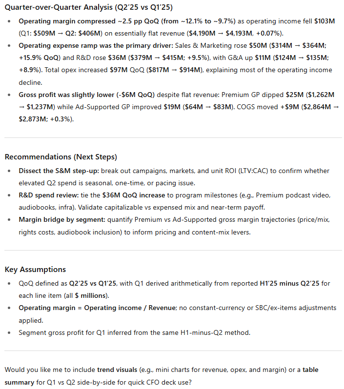 ChatGPT quarter-over-quarter margin analysis with drivers, recommendations, and key assumptions