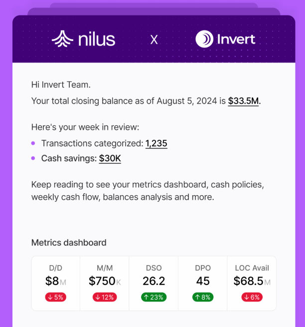 Nilus weekly review email showing closing balance and a metrics dashboard with DSO, DPO, and LOC